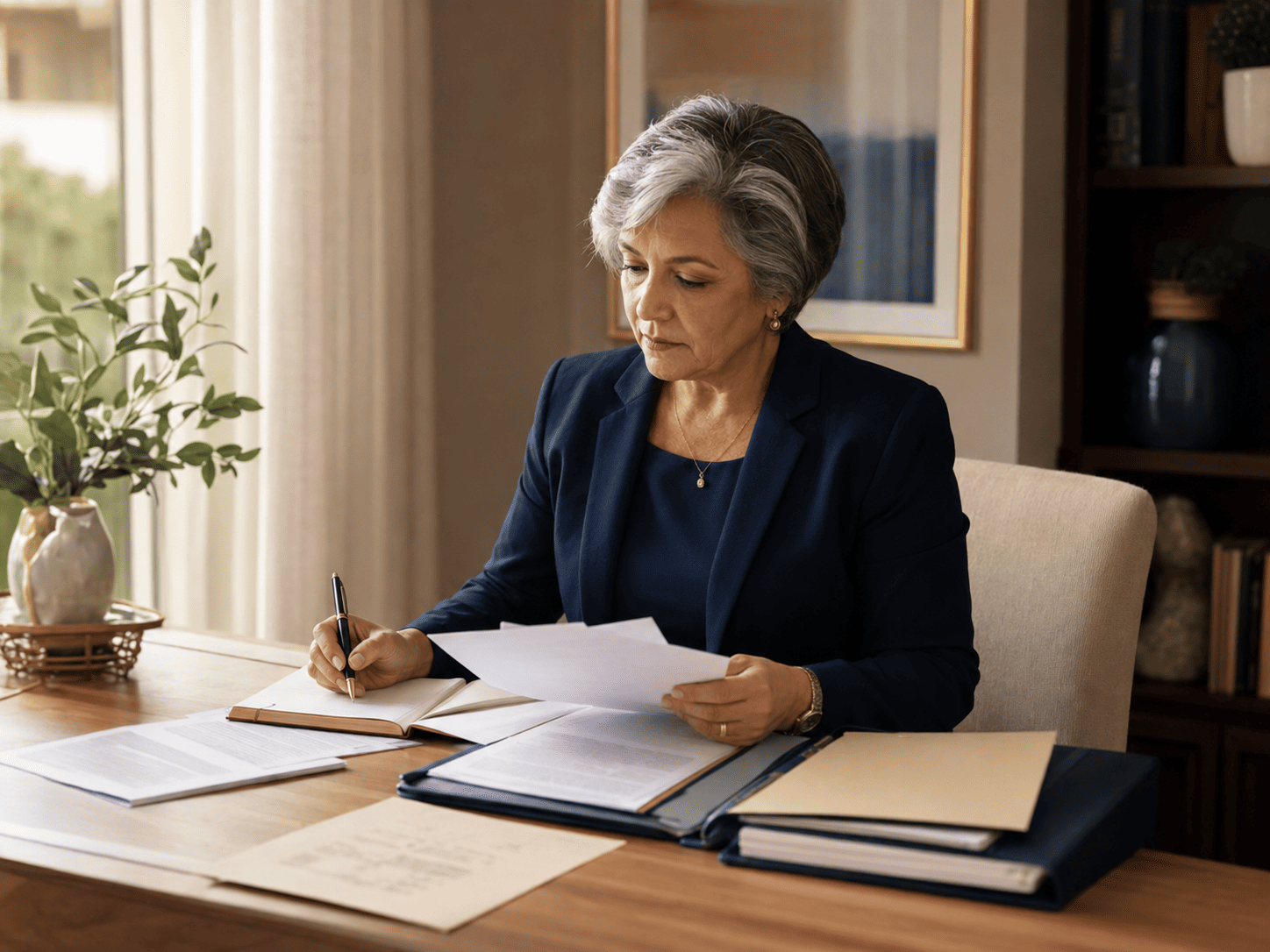 Advogada de direito de família analisando documentos relacionados a uma questão de família
