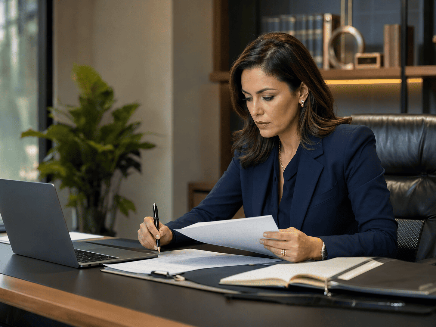 Advogada de direito empresarial analisando contratos e documentos de uma empresa