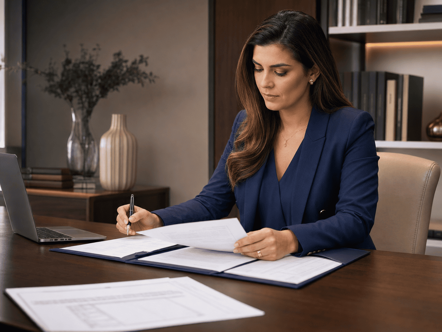 Advogada direito notarial analisando documentos para escritura, registro e regularização