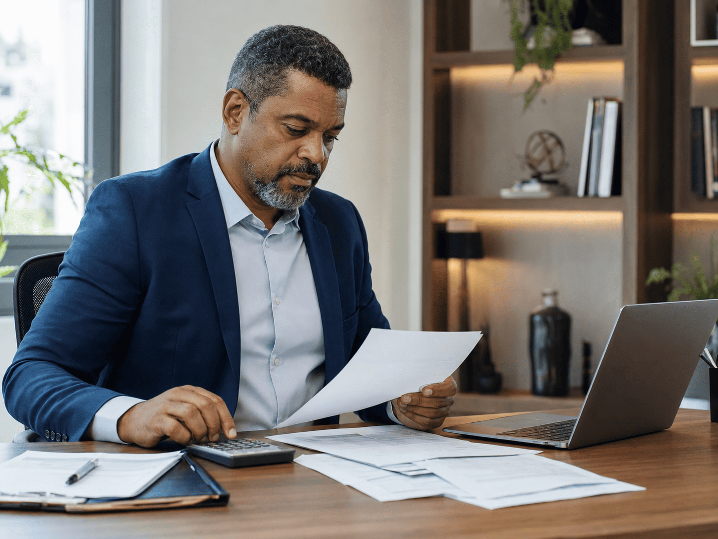 Advogado do direito trabalhista analisando contratos, registros e documentos trabalhistas
